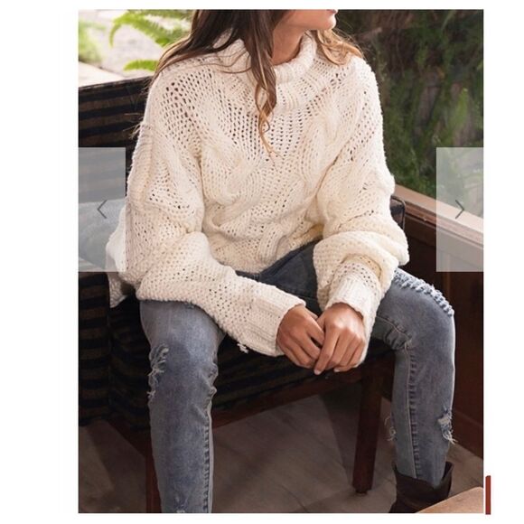 cream Turtle Neck Cable Knit Sweater - Picture 8 of 16